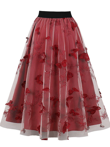 Airchics jupe longue tulle brodée femme élégant rouge